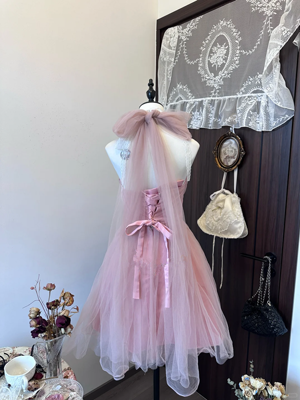 Light purple halter neck elegant temperament waist slim fit tulle skirt short skirt homecoming dress R4276