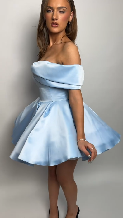 Sky Blue Off‑Shoulder Fit‑and‑Flare Princess Mini Homecoming Dress R5448