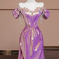 Purple-red off-the-shoulder fitted satin long ball gown, bridal dress R8288
