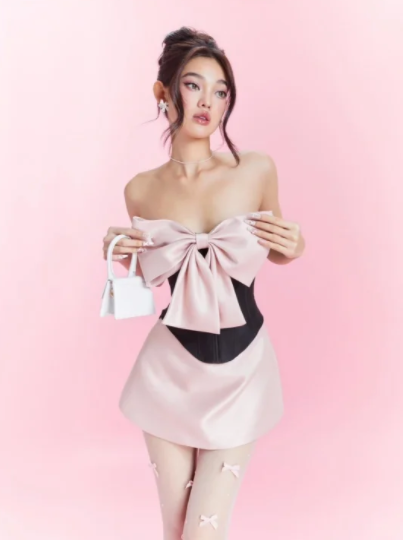 Black top pink bow A-line short skirt dress suit homecoming dress R4885