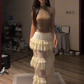 Brown top, sexy tiered skirt, long ball gown R8087