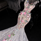 Pink floral sleeveless fitted bodice fishtail long ball gown/bridal dress R8715