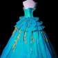 Lake blue one-shoulder fitted waist slim-fitting ball gown with a full skirt R8685