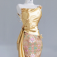 Gold strapless fitted waist slim retro print sexy long ball gown/bridal dress R8238