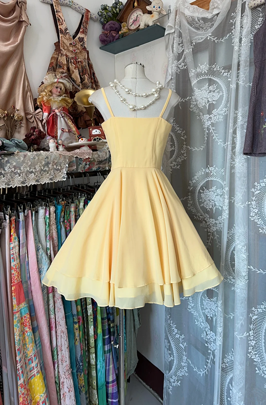 Yellow suspender waist A-line cute short skirt prom dress R6219