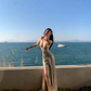 Champagne-colored sequined halter-neck fitted long sexy ball gown R8864