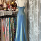 Blue strappy satin gilded elegant long ball gown R6179