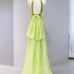 Green halter-neck, fitted waist, sexy long ball gown R9044