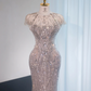 Silver round neck, fitted waist, bodycon long ball gown, bridal dress R8984