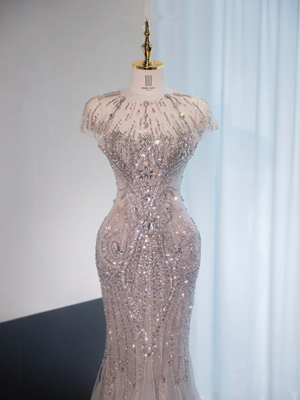 Silver round neck, fitted waist, bodycon long ball gown, bridal dress R8984