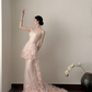 Light pink strapless, waist‑cinched, slim‑fit, ruffled‑hem long prom dress R7964