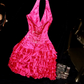 Rose pink halter-neck cinched waist short ball gown R6977