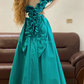Peacock Blue Off-the-Shoulder Waist-Cinched Fitted Ball Gown R7331