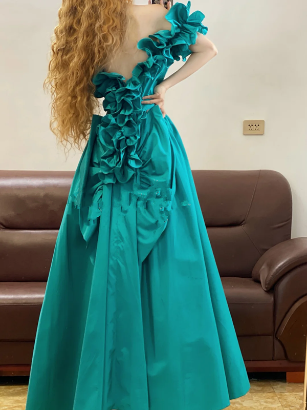 Peacock Blue Off-the-Shoulder Waist-Cinched Fitted Ball Gown R7331