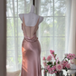 Champagne pink halter-neck satin fitted long ball gown R7652