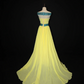 Yellow off-the-shoulder floor-length ball gown with a cinched waist and elegant temperament; bridal gown R7290