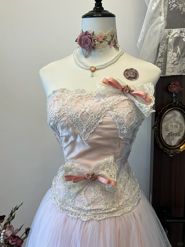 Pink tube top lace waist slim fit A-line big swing skirt mid-length skirt homecoming dress R4316