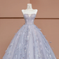 Light blue strapless, fitted waist, full skirt, long ball gown R8403