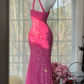Rose pink one-shoulder halter waist slim fit hip-hugging sexy long ball gown R7693