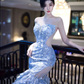 Light Blue Sequin Strapless Waist-Cinched Fitted Mermaid Floor-Length Dreamy Prom Dress R7097