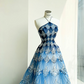 Blue sequined halter neck gradient waist slim A-line long skirt, prom dress R5663
