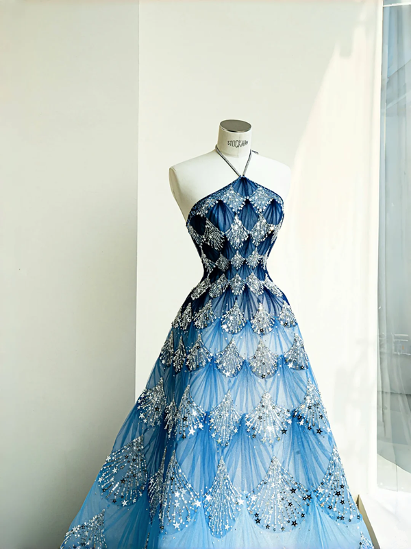 Blue sequined halter neck gradient waist slim A-line long skirt, prom dress R5663