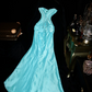 Light blue strapless fitted long ball gown R7017