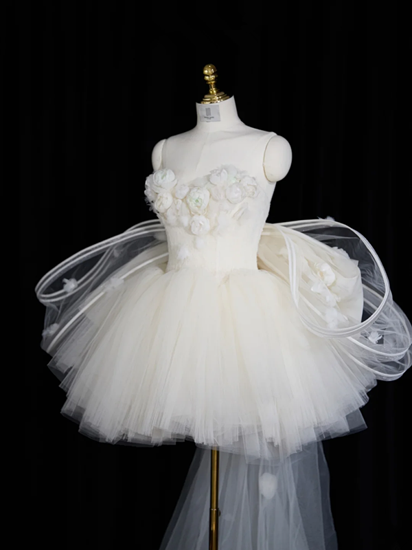 White strapless, fitted waist, short ball gown with a full skirt R8954