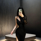 Black irregular neckline, fitted waist, and sexy slit ball gown R8043