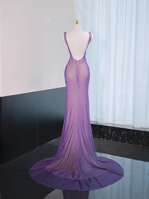 Purple halter neck, fitted waist, sexy long ball gown R9014