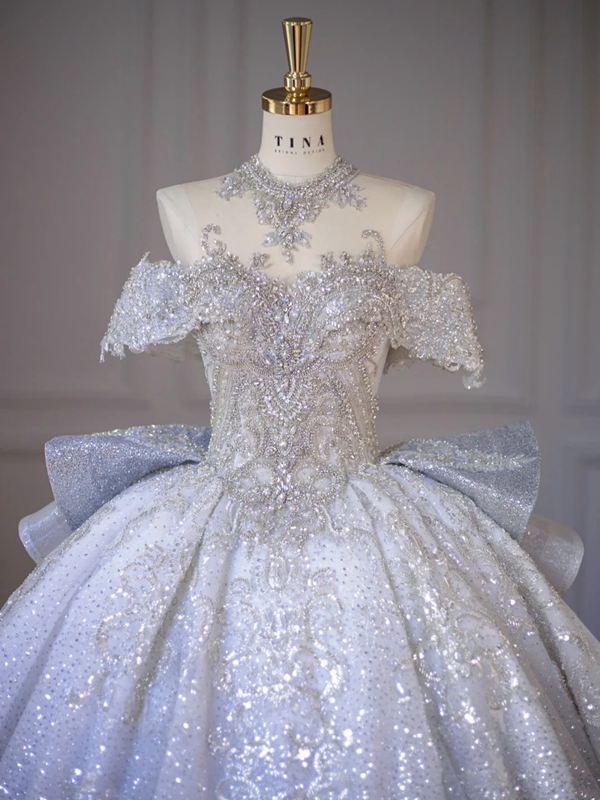 Blue gradient color bright diamond one shoulder waist slim fit heavy puffy skirt ball gown bridal gown R5860