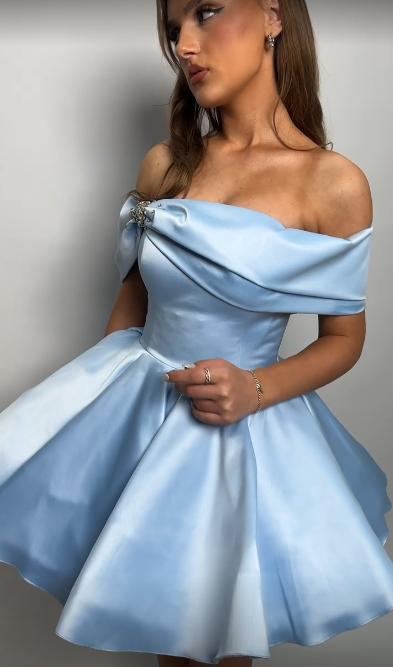 Sky Blue Off‑Shoulder Fit‑and‑Flare Princess Mini Homecoming Dress R5448