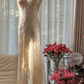 Light apricot halter neck fitted waist slim back sexy long ball gown R7764