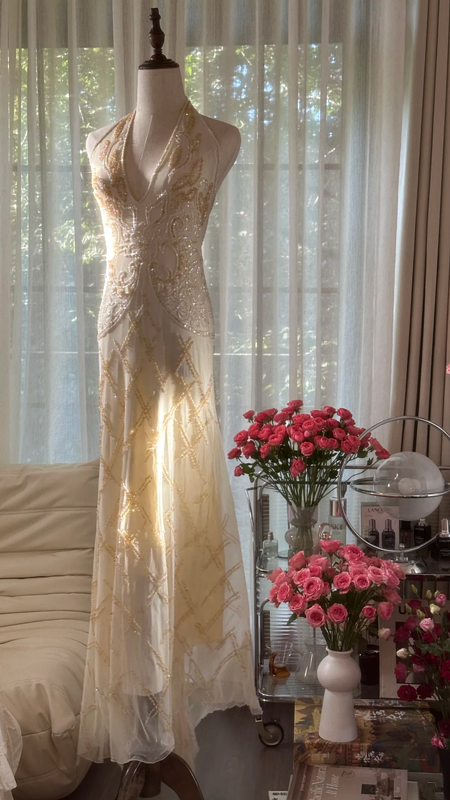 Light apricot halter neck fitted waist slim back sexy long ball gown R7764