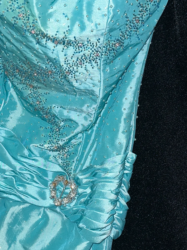 Light blue strapless fitted long ball gown R7017