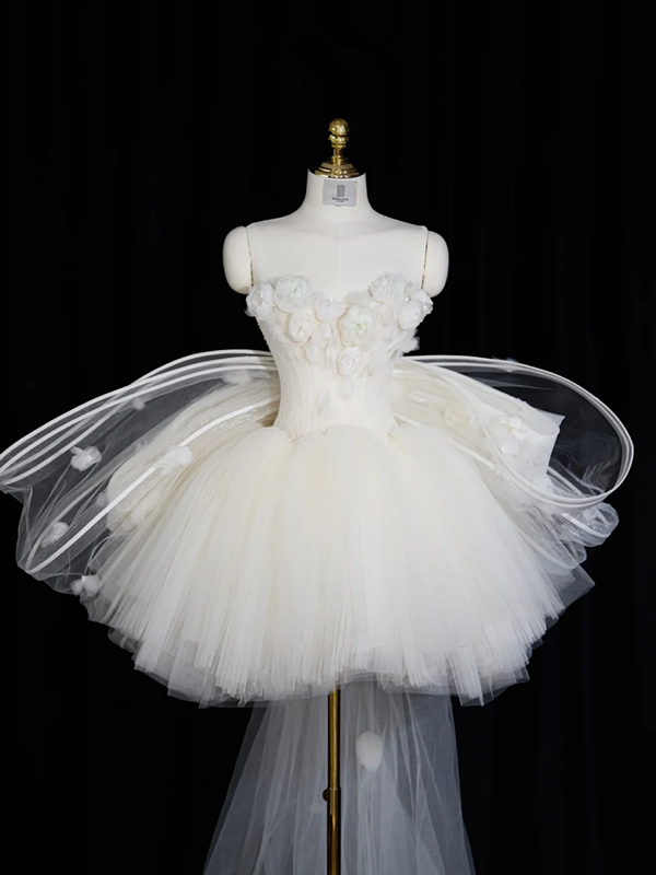 White strapless, fitted waist, short ball gown with a full skirt R8954