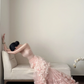 Light pink strapless, waist‑cinched, slim‑fit, ruffled‑hem long prom dress R7964