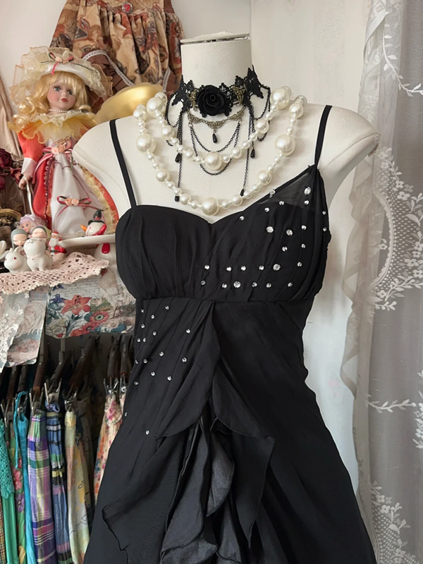 Black halter-neck fitted elegant long dress, ball gown R6258
