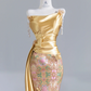 Gold strapless fitted waist slim retro print sexy long ball gown/bridal dress R8238