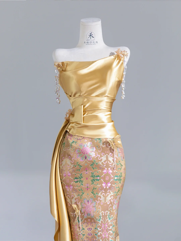 Gold strapless fitted waist slim retro print sexy long ball gown/bridal dress R8238