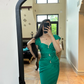 Green square neckline fitted waist slim hip sexy ball gown R8061