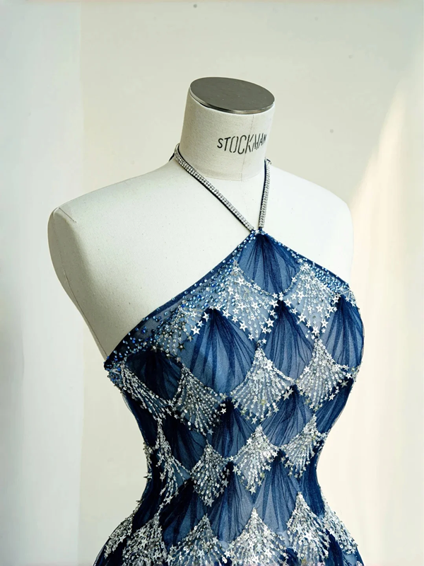 Blue sequined halter neck gradient waist slim A-line long skirt, prom dress R5663