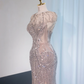 Silver round neck, fitted waist, bodycon long ball gown, bridal dress R8984