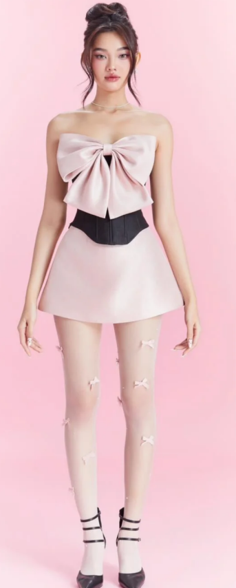 Black top pink bow A-line short skirt dress suit homecoming dress R4885