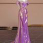 Purple-red off-the-shoulder fitted satin long ball gown, bridal dress R8288
