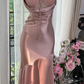 Champagne pink halter-neck satin fitted long ball gown R7652