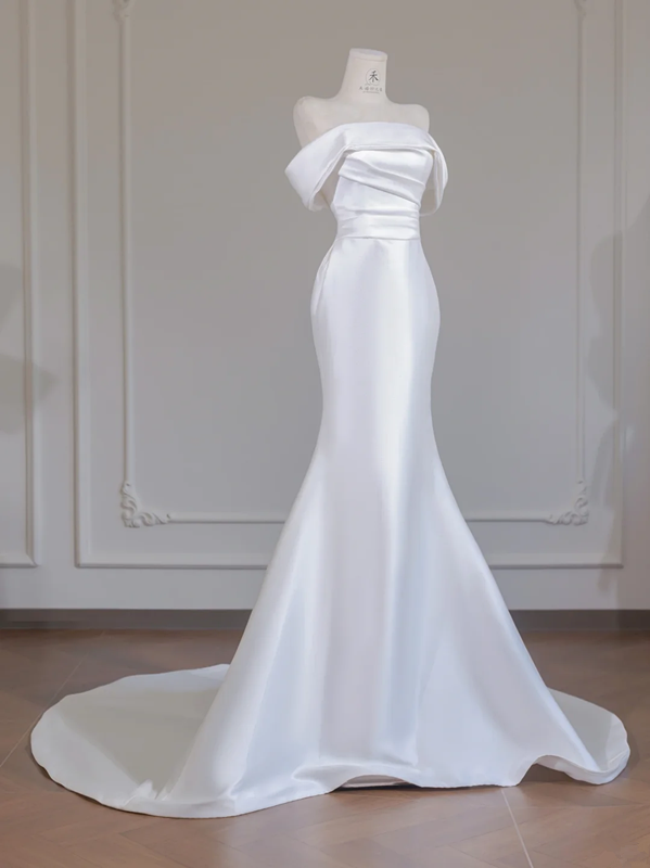 White satin off-the-shoulder fitted waist bodycon sexy long ball gown/bridal dress R8258