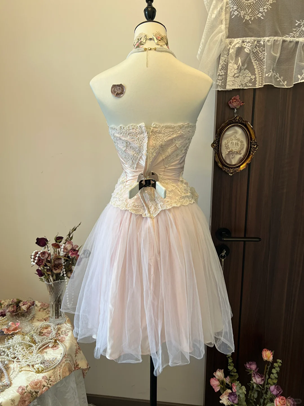 Pink tube top lace waist slim fit A-line big swing skirt mid-length skirt homecoming dress R4316