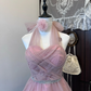 Light purple halter neck elegant temperament waist slim fit tulle skirt short skirt homecoming dress R4276