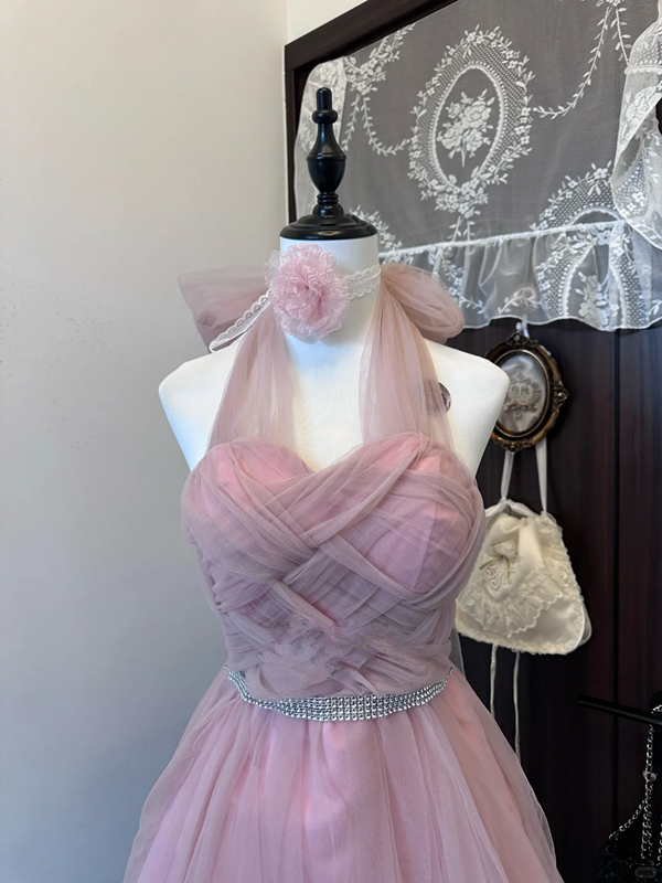 Light purple halter neck elegant temperament waist slim fit tulle skirt short skirt homecoming dress R4276